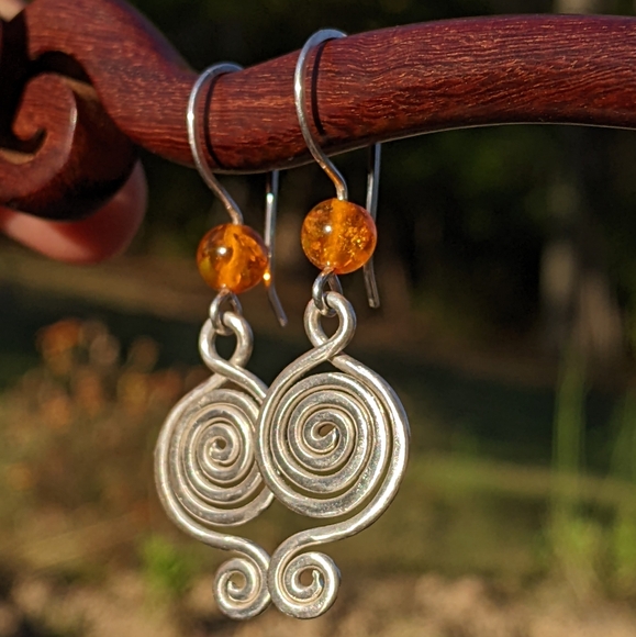 Sterling Silver Baltic Amber Earrings Tribal Spiral Metallic Statement - Picture 4 of 16